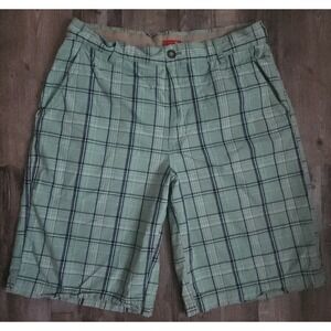 IZOD Plaid Shorts Mens 33 Green Navy Blue Flat Front Cotton Casual Golf Preppy